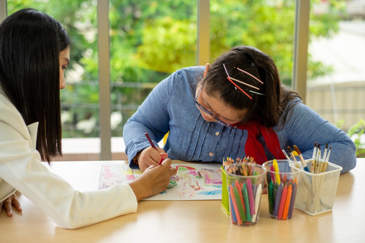 Asian AUtism disability child learning in special classroom with teacher